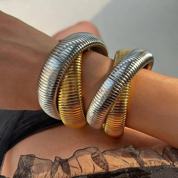 New In Titanium Steel Vintage Double Layer Elastic Gypsy Polishing Bangle Bracelet For Women - Aesthetic Jewellery - The Jewellery Supermarket